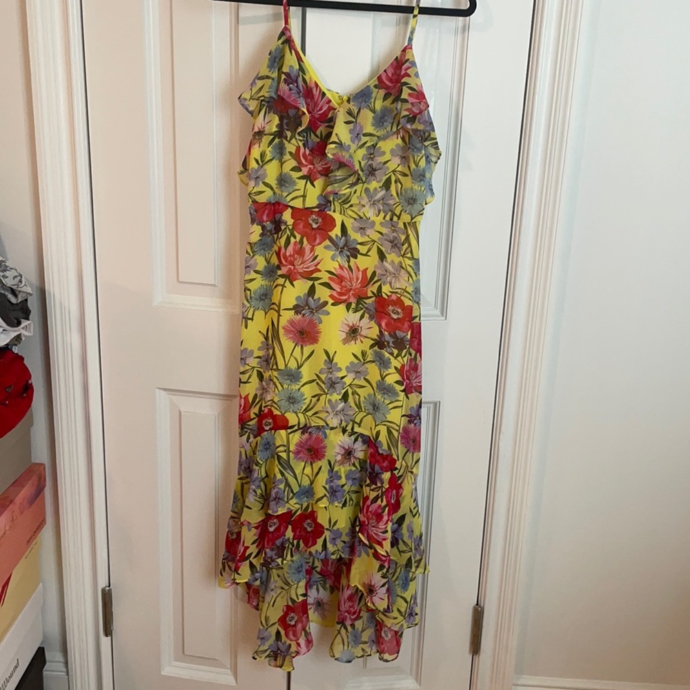 Barely worn flowery high/low yellow floral dress by INC size 4.